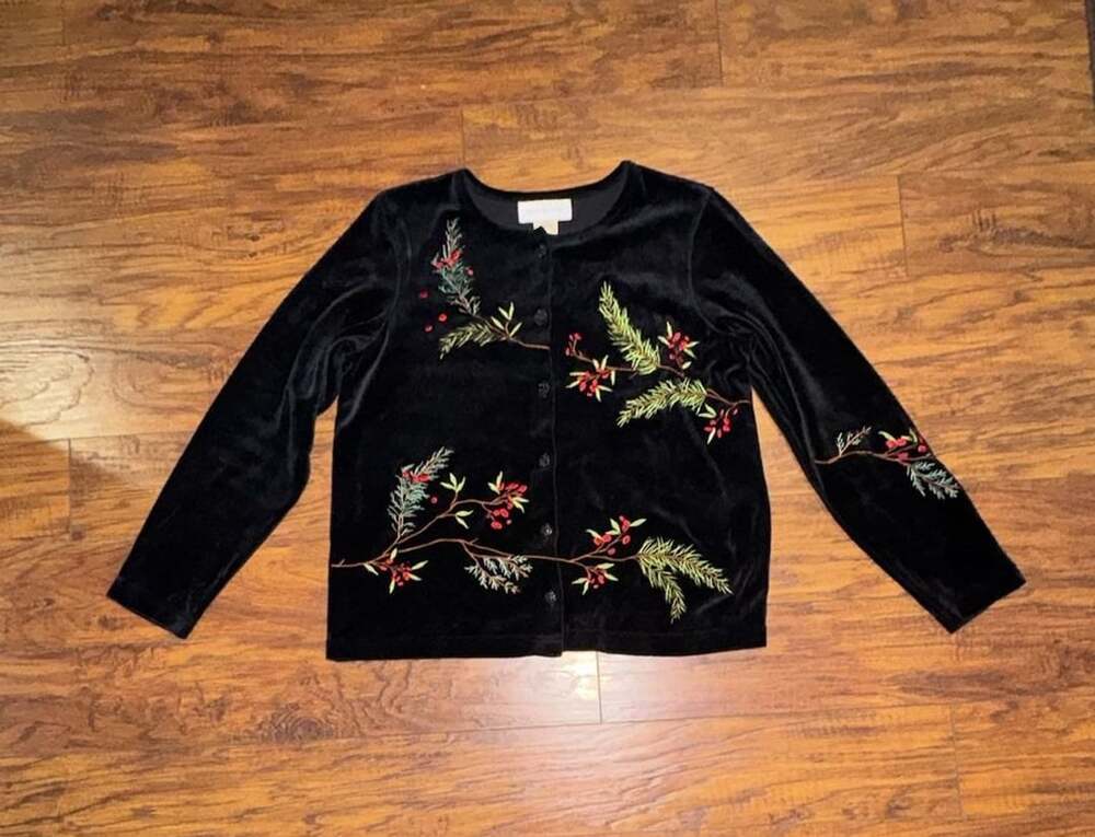 Susan Bristol Velvet Cardigan Size M Black Embroidered Christmas Pine Needles